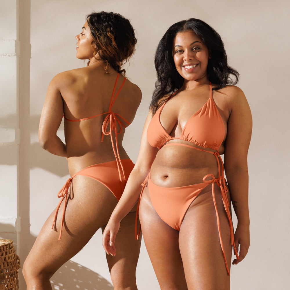 Atomic tangerine recycled string bikini set, sustainable fashion triangle bikini, sexy orange bikini belly off high-waisted