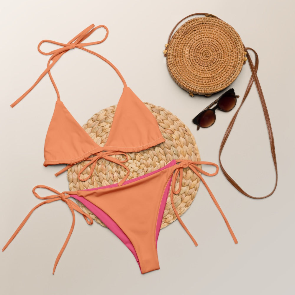 Atomic tangerine recycled string bikini set, sustainable fashion triangle bikini, sexy orange bikini belly off high-waisted