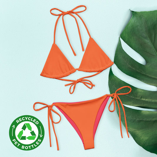 Burnt orange recycled string bikini set, sustainable fashion triangle bikini, sexy tangerine bikini belly off high-waisted