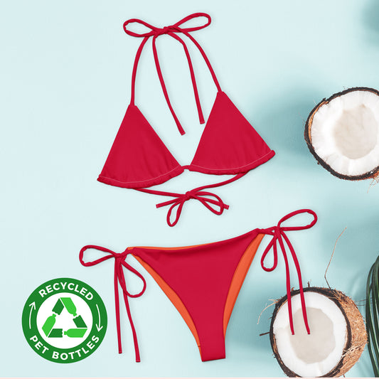 Crimson red recycled string bikini set, sustainable fashion triangle bikini, sexy red bikini belly off high-waisted