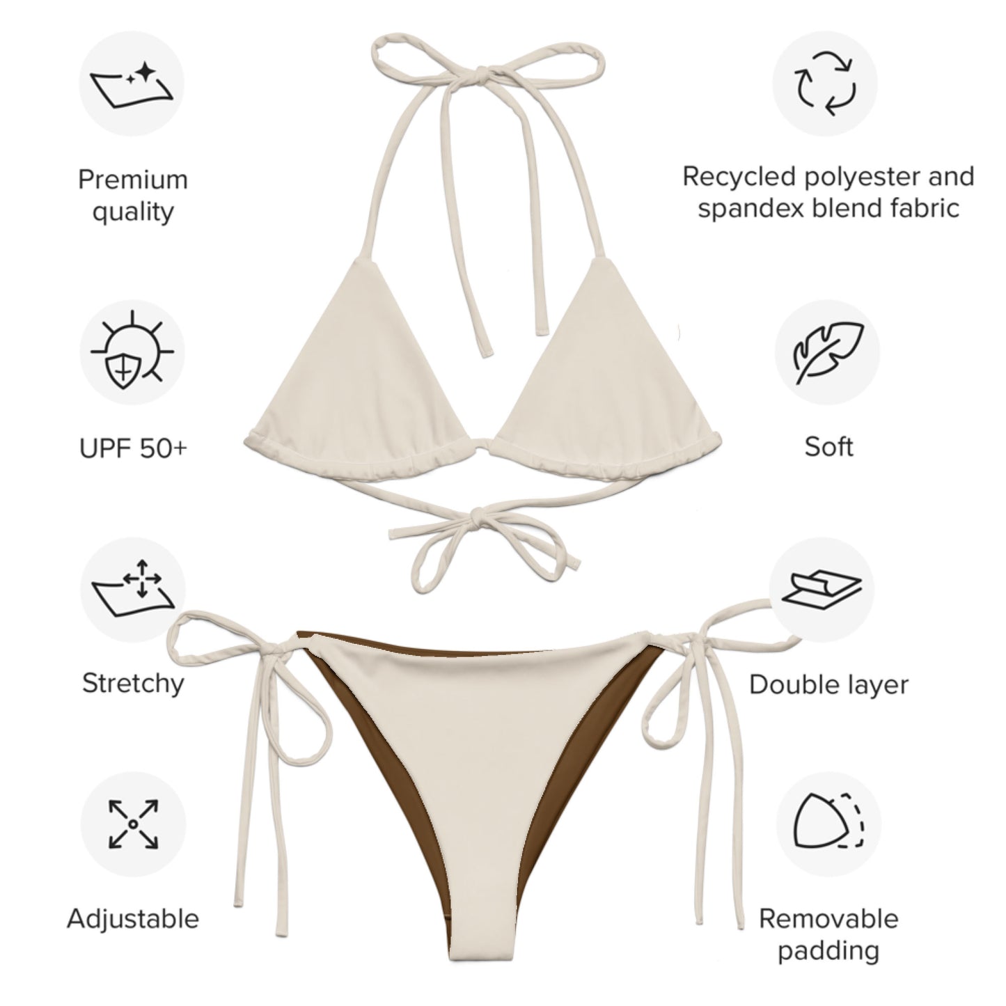 Alabasterbeiger, recycelter String-Bikini-Set, umweltfreundlicher Triangel-Bikini, doppellagiger, umweltfreundlicher UPF 50+-Bikini