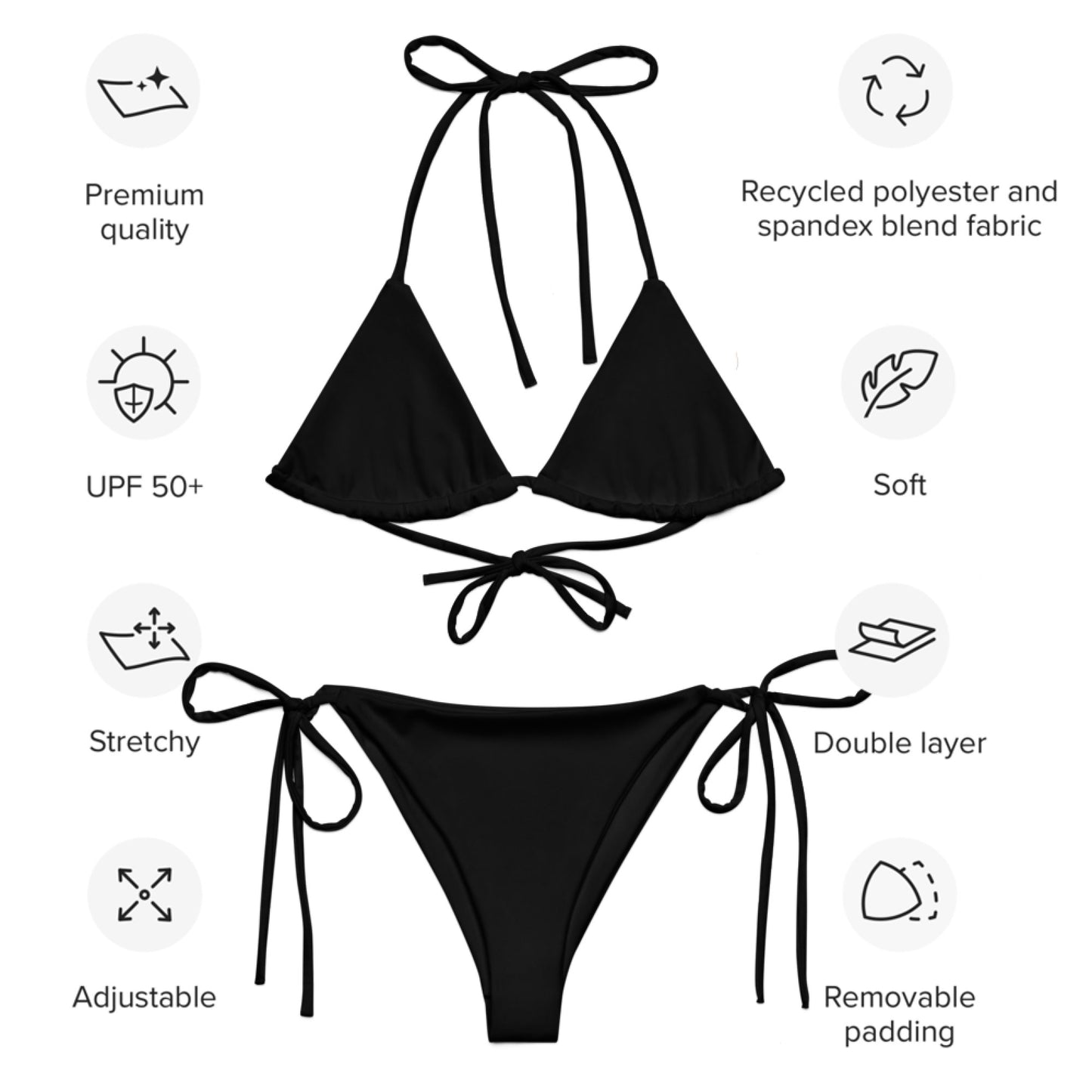 Schwarzer, recycelter String-Bikini-Set, umweltfreundlicher Triangel-Bikini