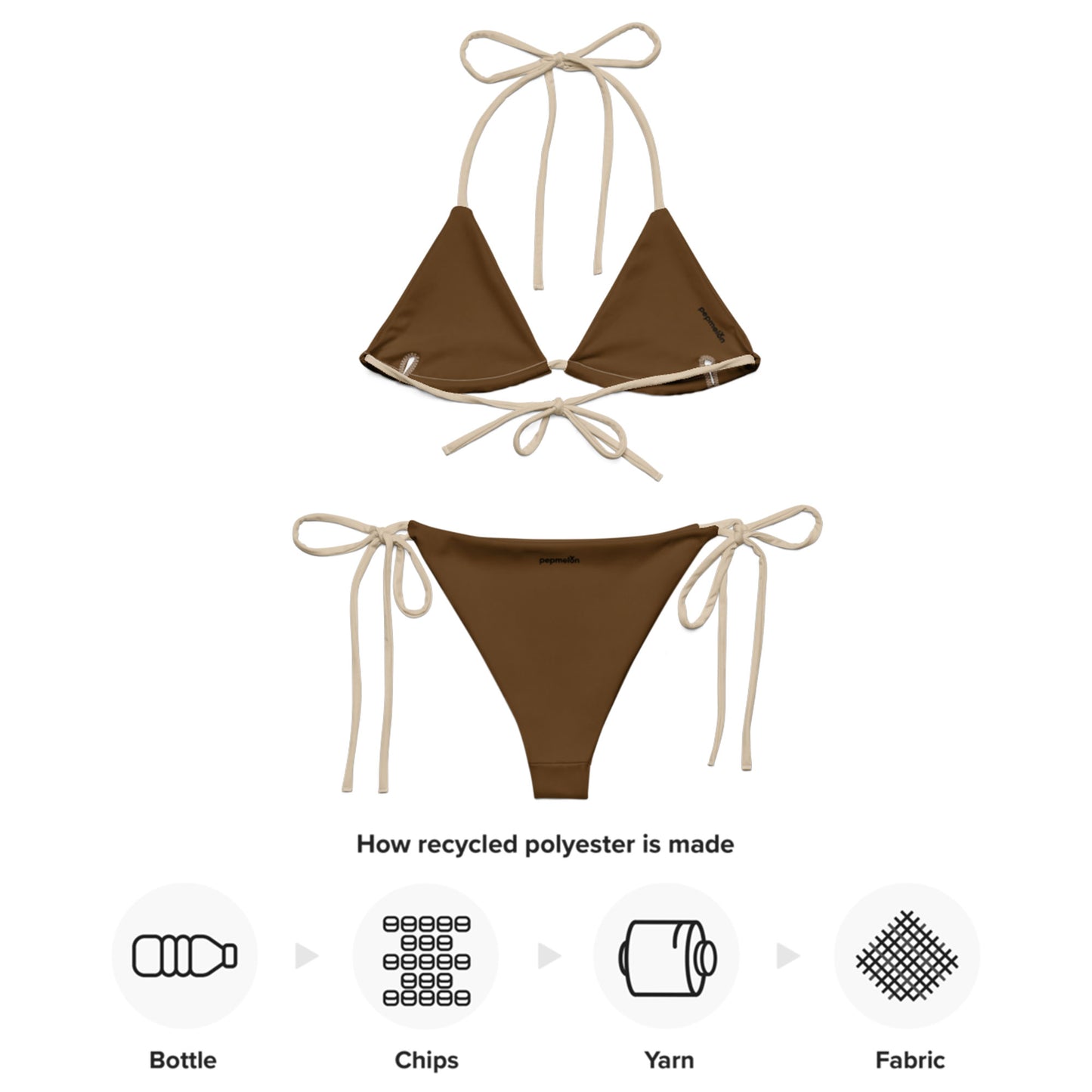 Mandelbeiges, recyceltes String-Bikini-Set, umweltfreundlicher Triangel-Bikini, doppellagiger, umweltfreundlicher UPF 50+-Bikini