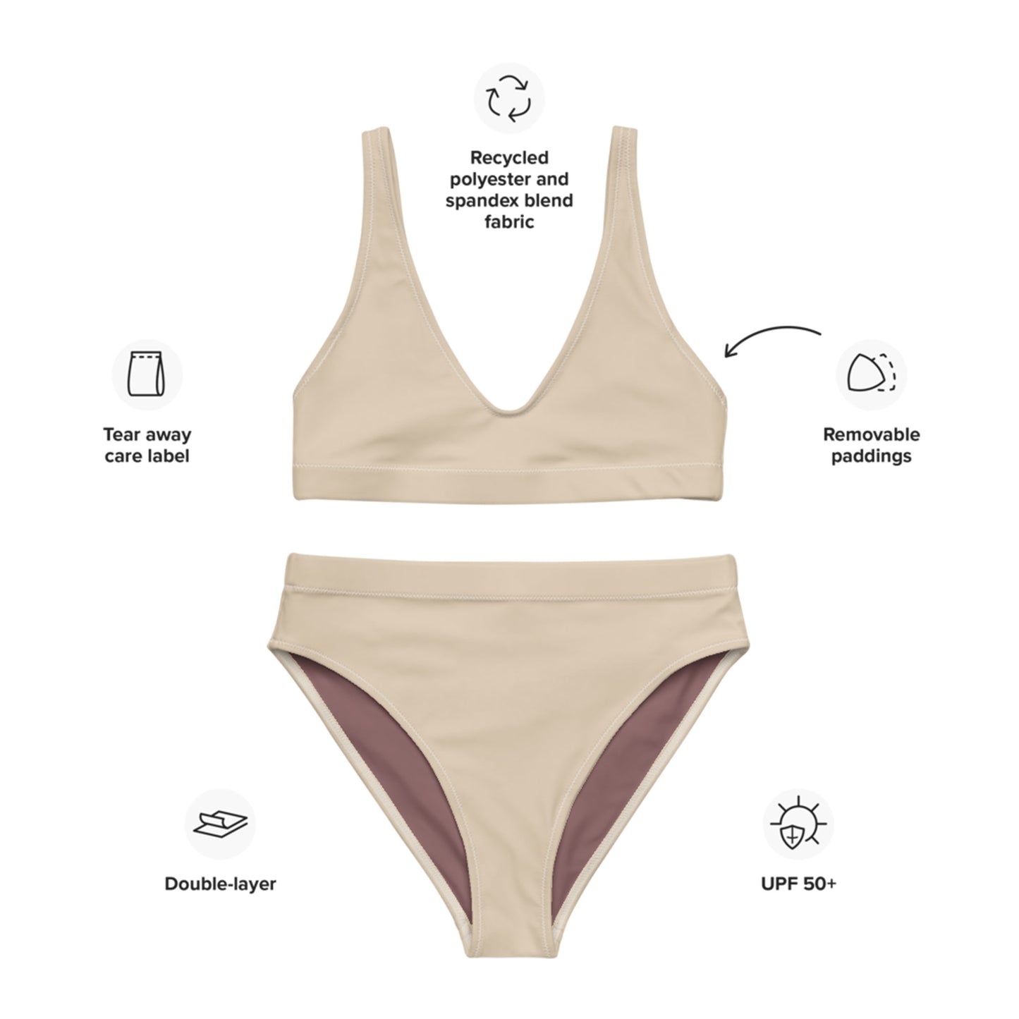 Mandelcreme, Beige Recyceltes Bikini-Set mit hoher Taille