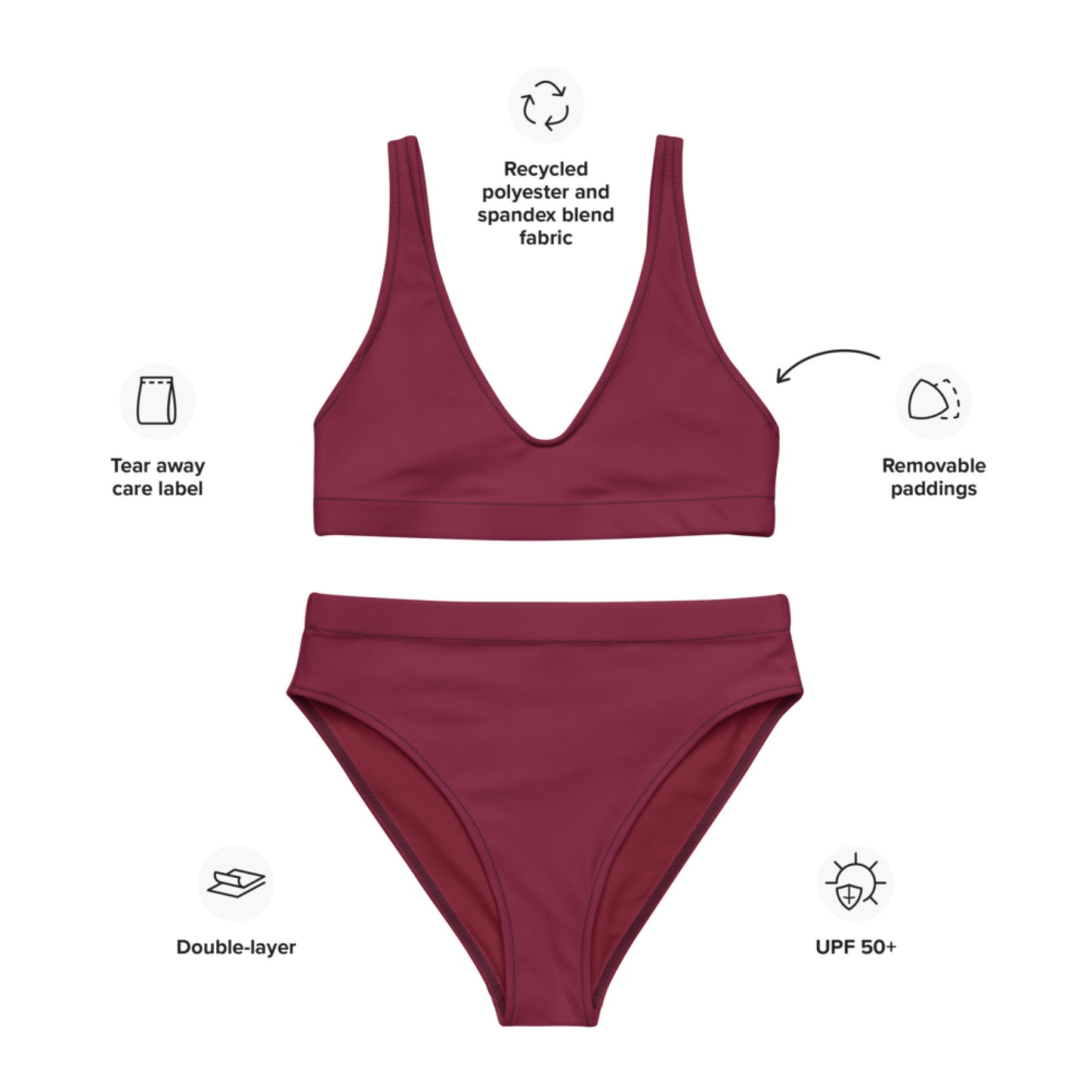 Weinrotes, rubinrotes Sport-Bikini-Set aus recyceltem Material