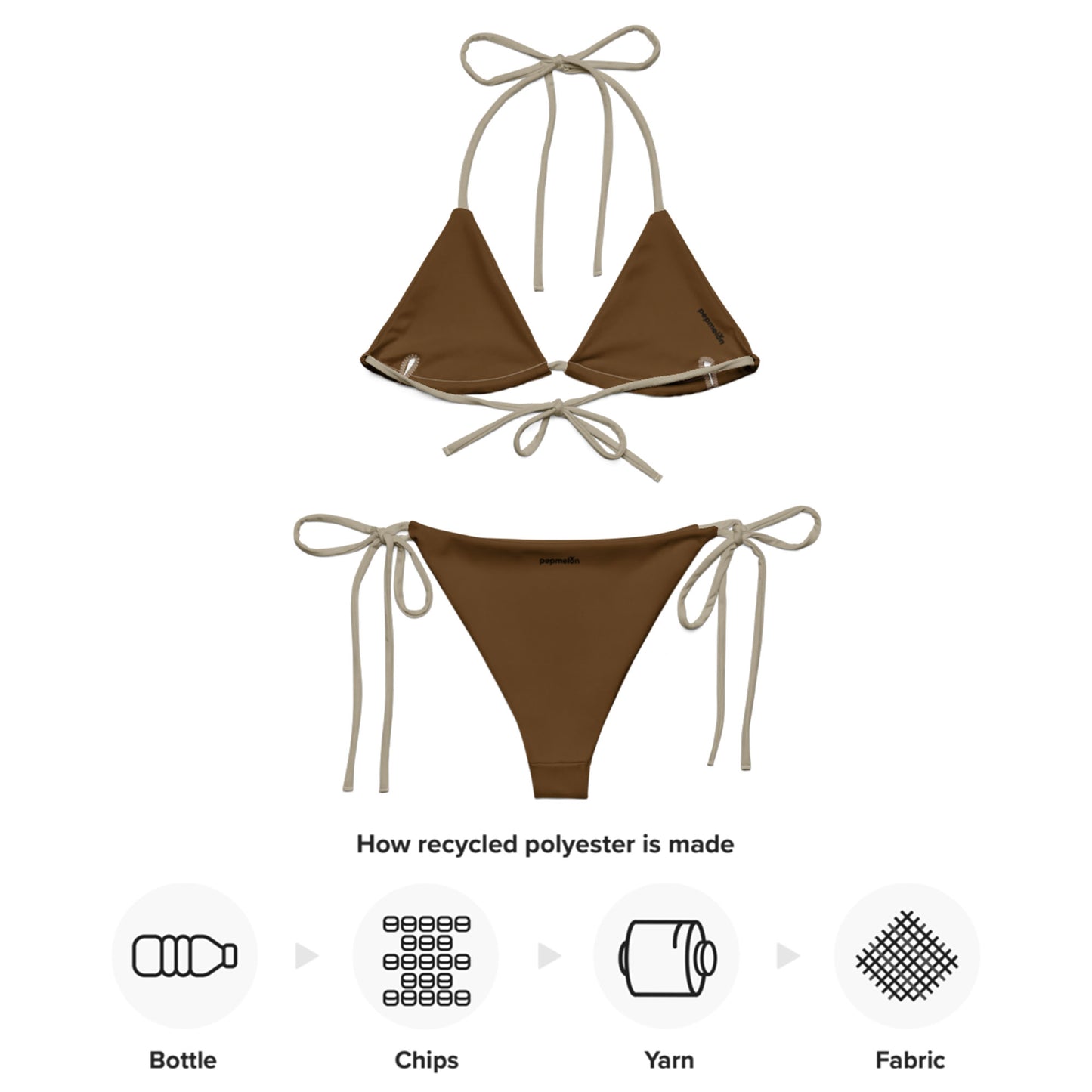 Khakifarbenes, recyceltes String-Bikini-Set, umweltfreundlicher Triangel-Bikini