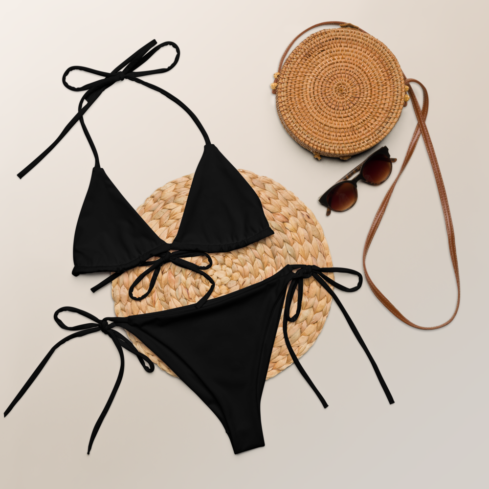 Schwarzer, recycelter String-Bikini-Set, umweltfreundlicher Triangel-Bikini