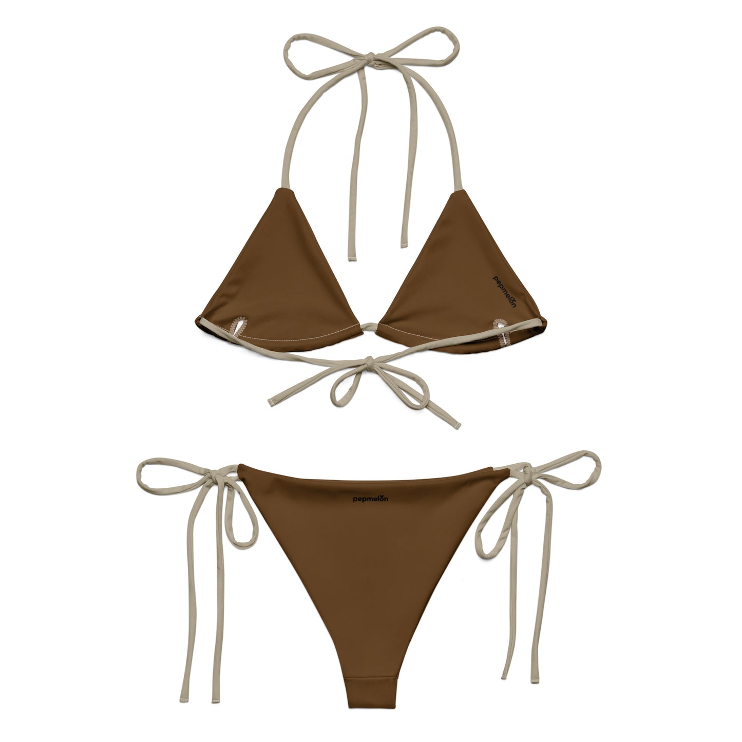 Khakifarbenes, recyceltes String-Bikini-Set, umweltfreundlicher Triangel-Bikini