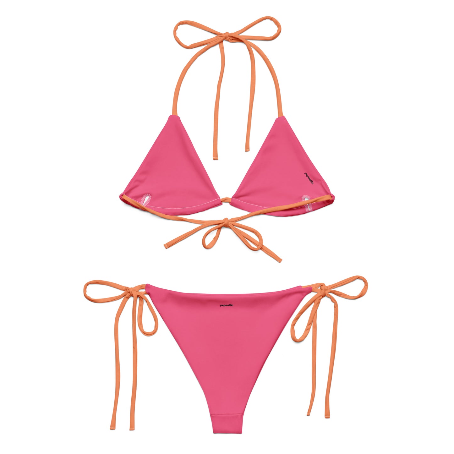 Atomic tangerine recycled string bikini set, sustainable fashion triangle bikini, sexy orange bikini belly off high-waisted